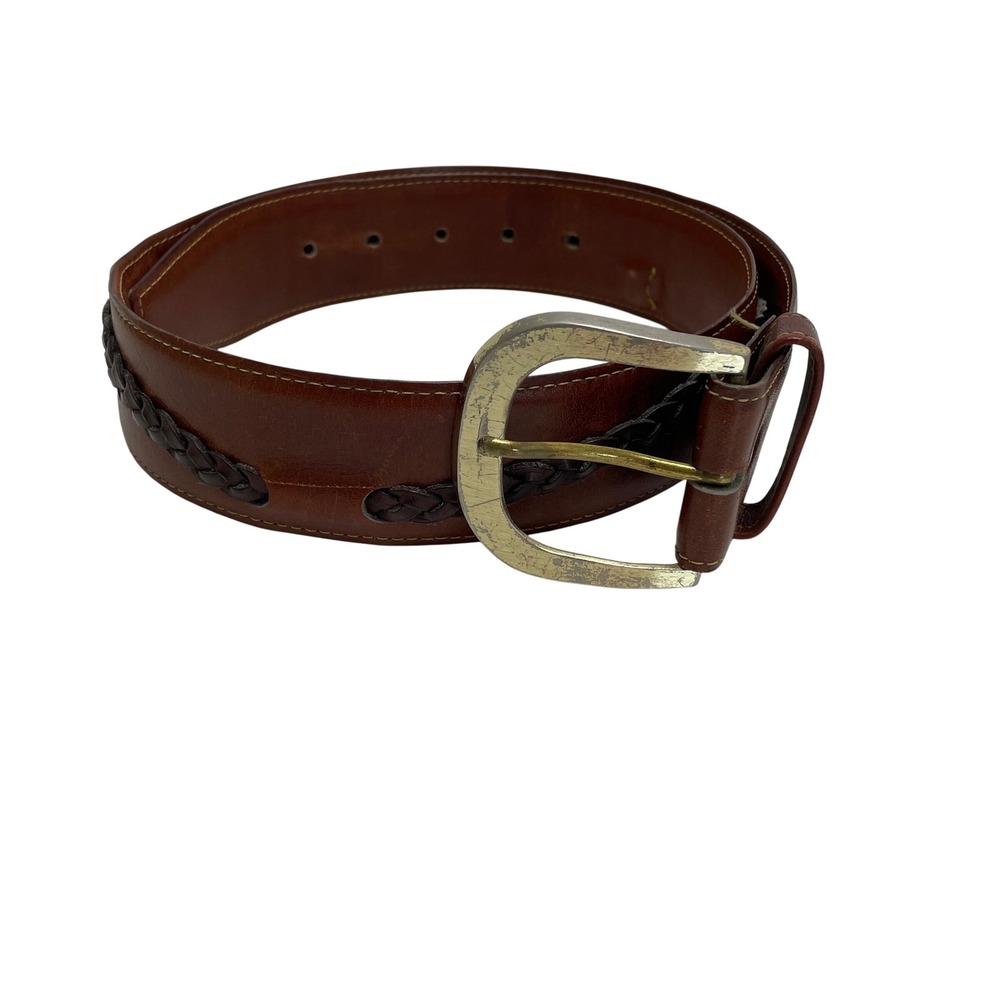 Mens Brown Steerhide Leather Belt Braided Inlay 34 Western Cowboy Rodeo Country